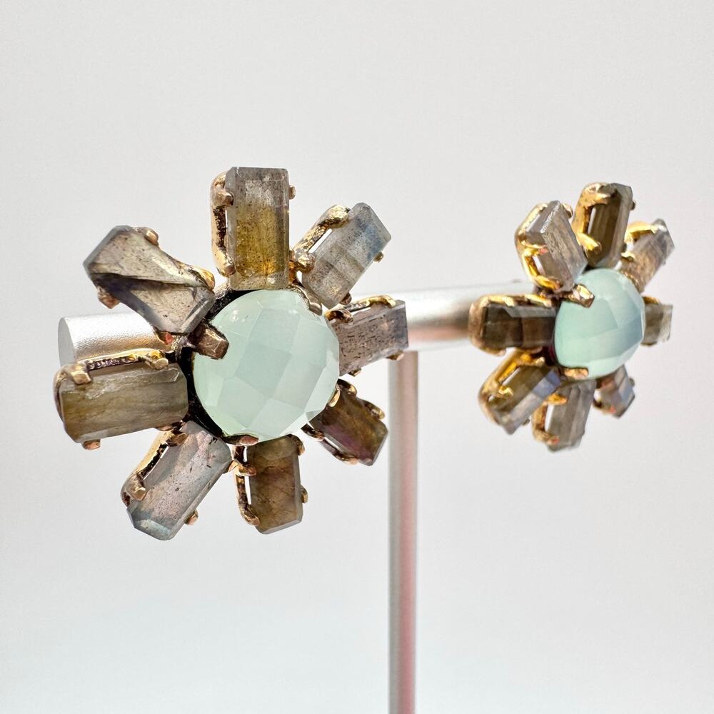 Labradorite Baguette Faceted Chalcedony 925 Sterling Silver Sunburst Earrings - Picture 4 of 14